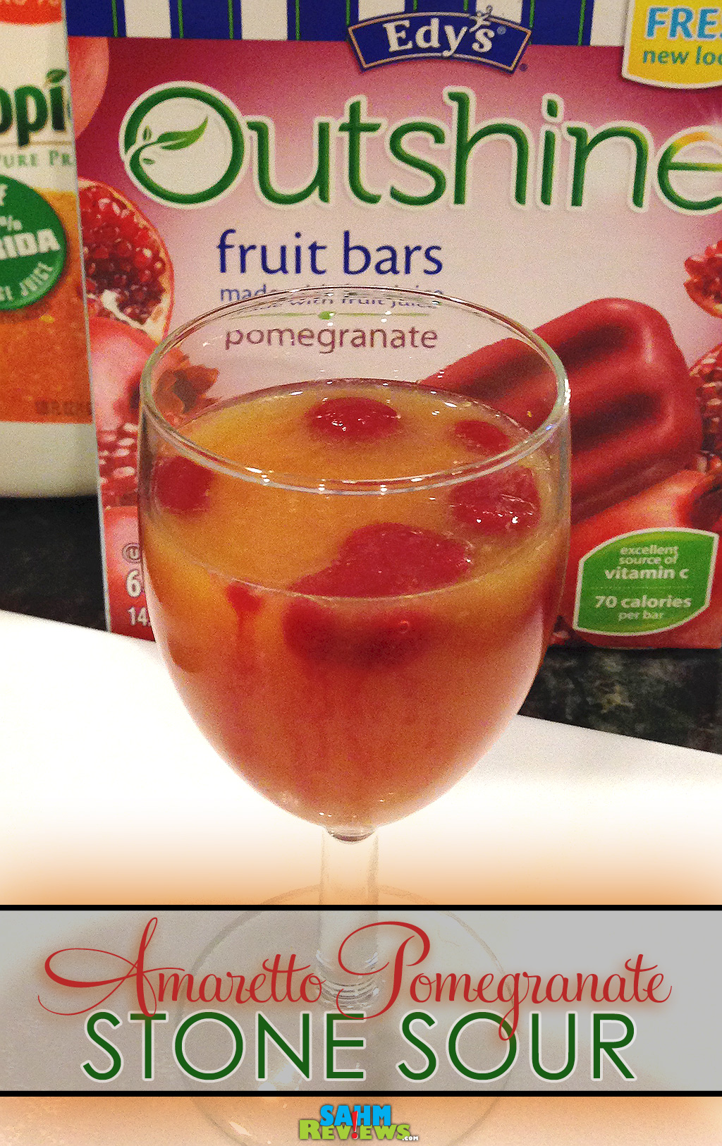 Add extra flavor to your mixed drinks by incorporating fruit "ice" cubes. This easy recipe for Amaretto Pomegranate Stone Sour is just one of the flavorful drinks we upscaled using Outshine Fruit Bars. --SahmReviews.com