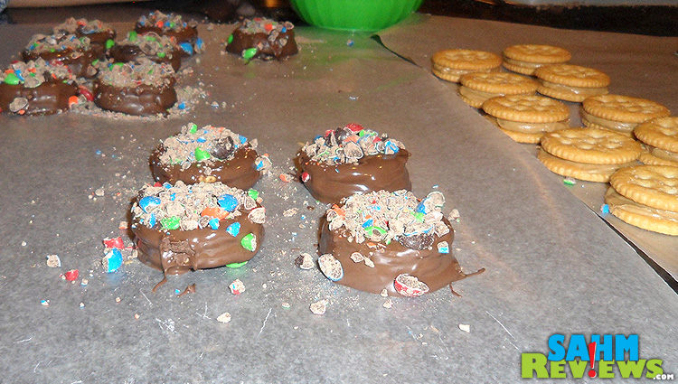 Chocolate Covered Ritz & Peanut Butter with M&M's Sprinkling #shop #bakingideas