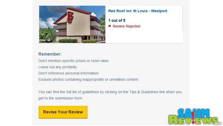 Had a horrible hotel experience, but Expedia is denying the ability to post the review. You should be aware of their review moderation! - SahmReviews.com