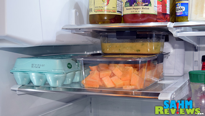 The Rubbermaid BRILLIANCE storage containers are modular for easy stacking and clear to see what is inside. - SahmReviews.com