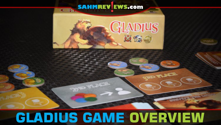 Bet on winners and losers then play cards to manipulate the outcome of the competition in Gladius card game from Deep Water Games. - SahmReviews.com