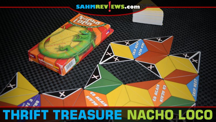 This Chicagoland thrift store find, Nacho Loco, utilizes triangular-shaped cards. Game play is a cross between UNO and Dominos! - SahmReviews.com