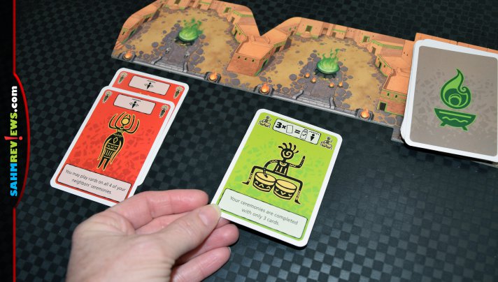 Earn points through completion and ceremonial bonuses by playing cards to open, extend and close ceremonies in Kokopelli from Queen Games. - SahmReviews.com