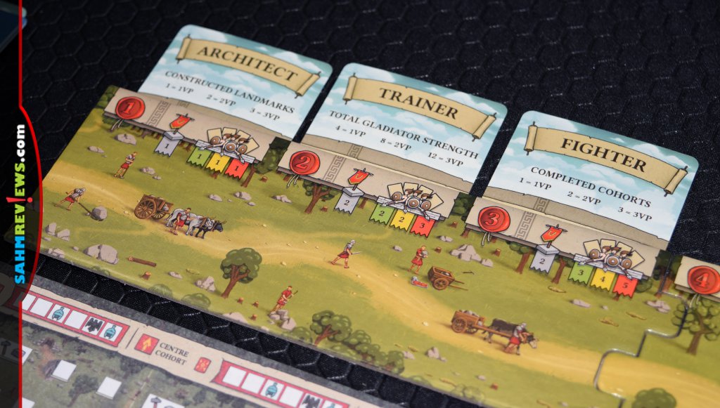 Hadrian's Wall game board along with three cards displaying end of game goals. - SahmReviews.com