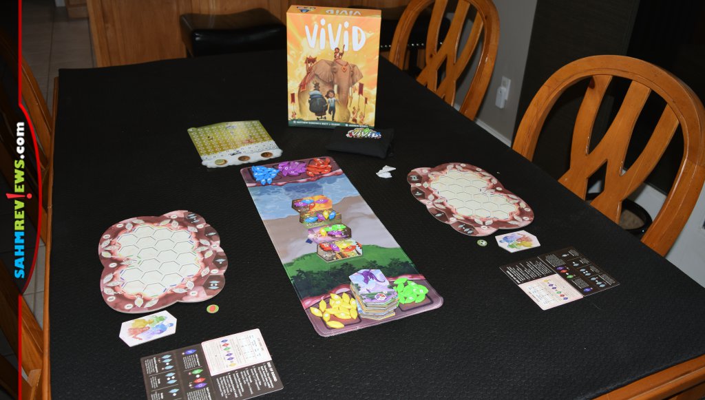 Starting setup of Vivid Memories board game including main, player and scoring boards. - SahmReviews.com