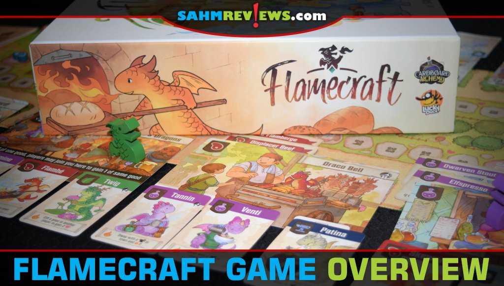 Game box, board, cards and player token for Flamecraft from Lucky Duck Games. - SahmReviews.com