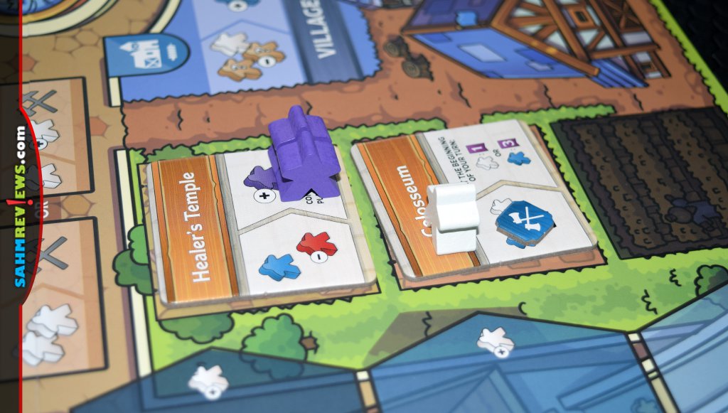 City buildings in Meeples & Monsters board game. - SahmReviews.com
