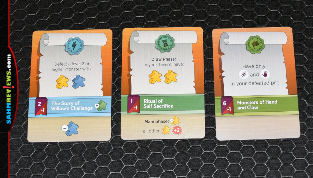 Three types of quest cards from Meeples & Monsters board games. - SahmReviews.com
