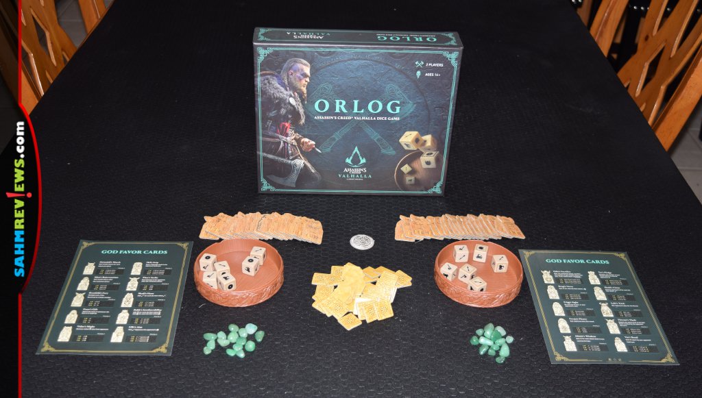 Orlog Dice Game - Game set up on a black table.