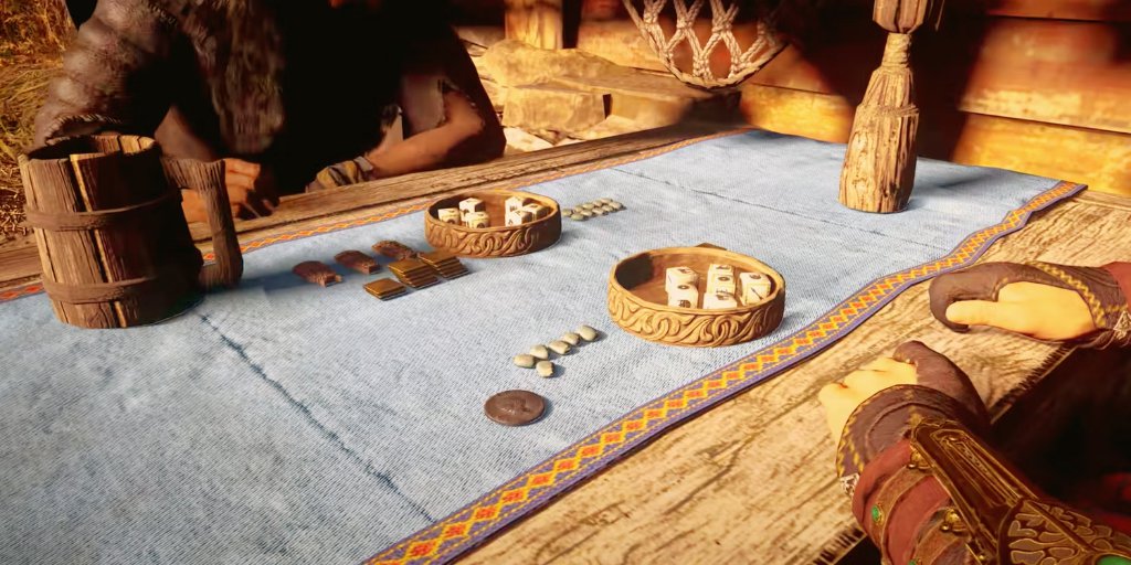 Orlog Dice Game - A screenshot from Assassin's Creed Valhalla video game showing the in-game version of Orlog.