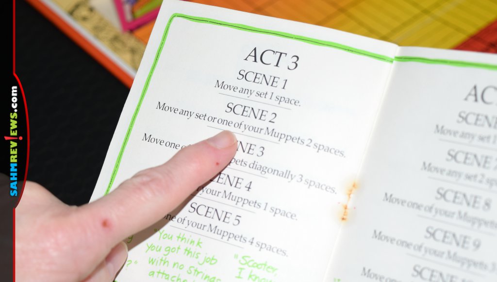 The Muppet Show Game - Woman's finger pointing at a scene in the script.