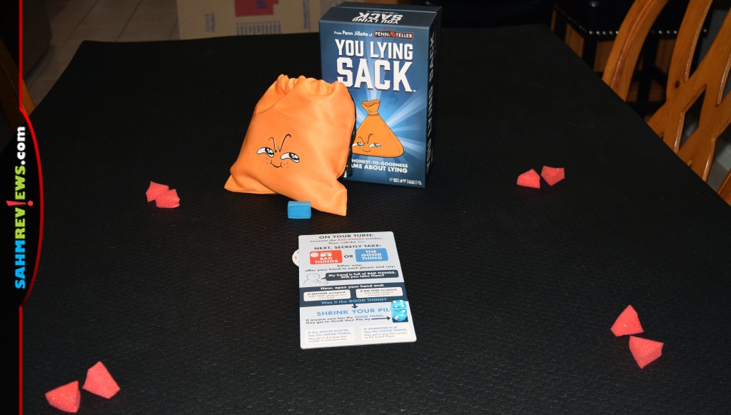 You Lying Sack party game setup with box, game board, bag and pieces. - SahmReviews.com