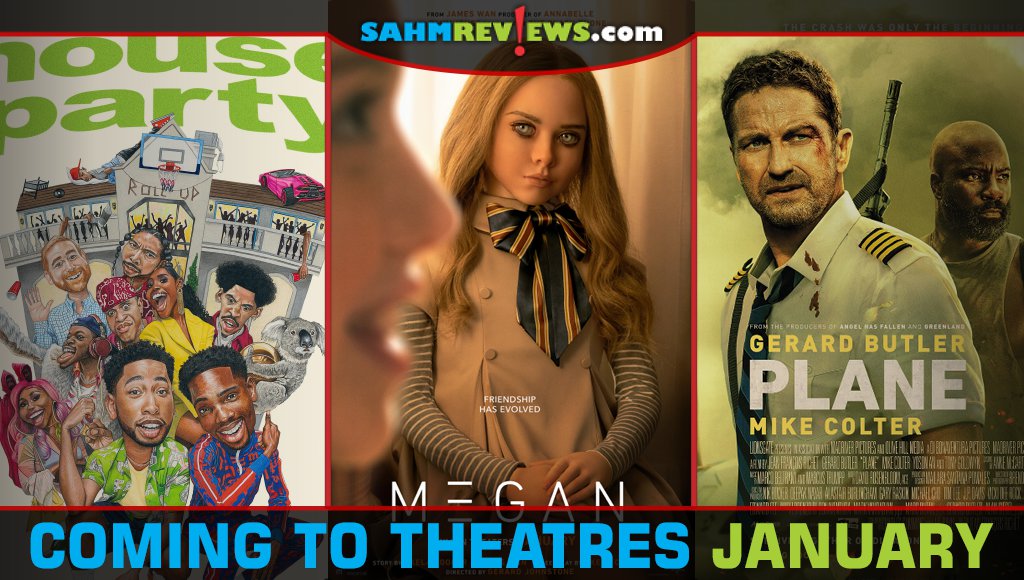 Movie posters from features arriving In theaters in January: House Party reboot, M3GAN and Plane. - SahmReviews.com