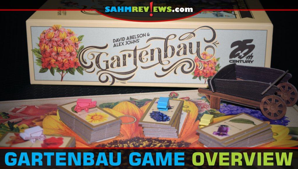 Gartenbau garden-themed tile laying game box behind stacks of seedling tiles and resource wheelbarrows. - SahmReviews.com