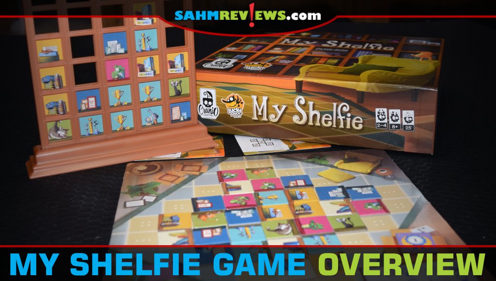 My Shelfie Board Game partially-filled bookshelf, box lid and living room player board. - SahmReviews.com