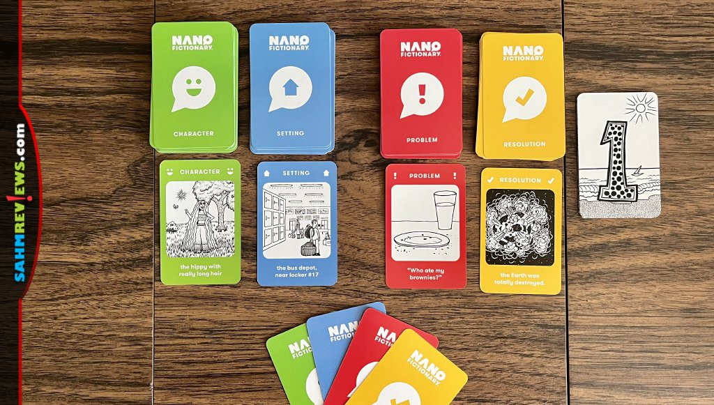 Nanofictionary game cards are sorted by type including character, setting, problem and resolution - SahmReviews.com