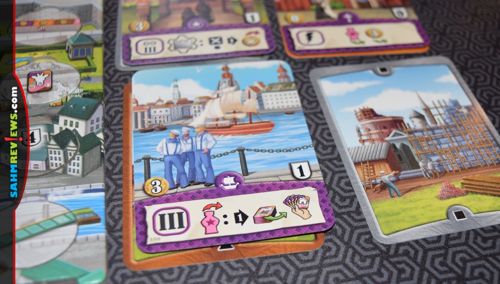 Buildings are a key scoring component in Hamburg strategy game from Queen Games - SahmReviews.com